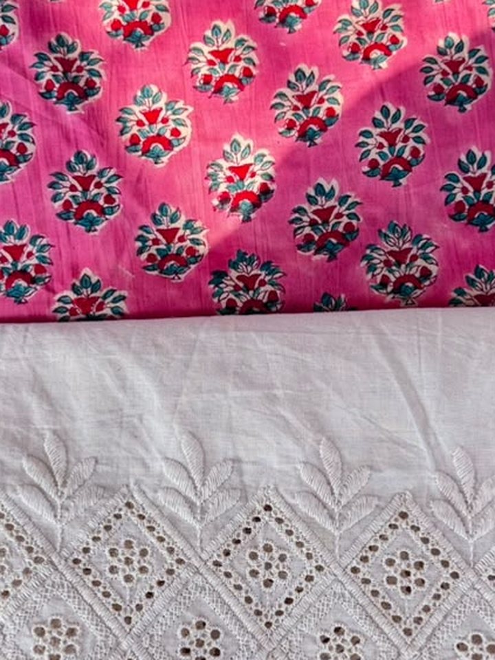 Gulabo · Rose Buti & White Schiffli Suit Set