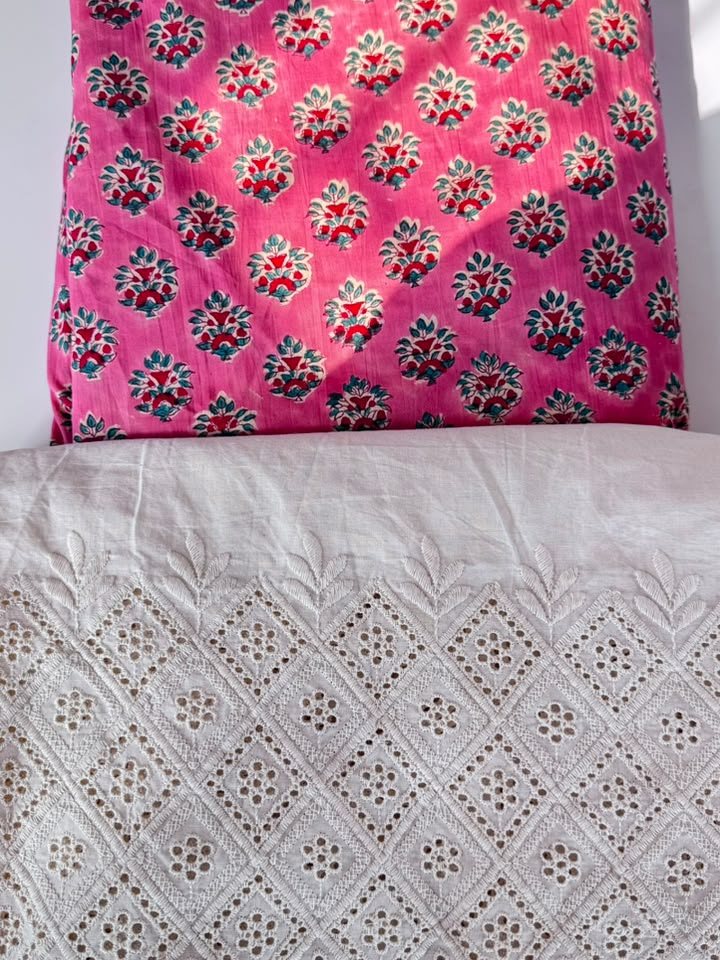 Gulabo · Rose Buti & White Schiffli Suit Set