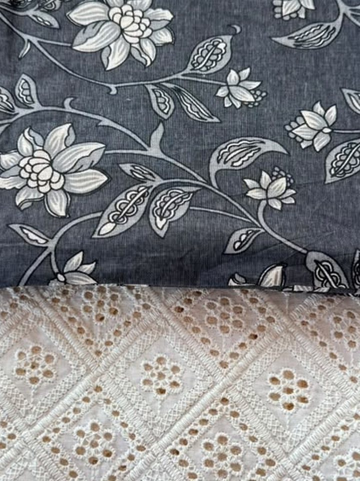 Chandrika · Charcoal Floral & White Schiffli Suit Set