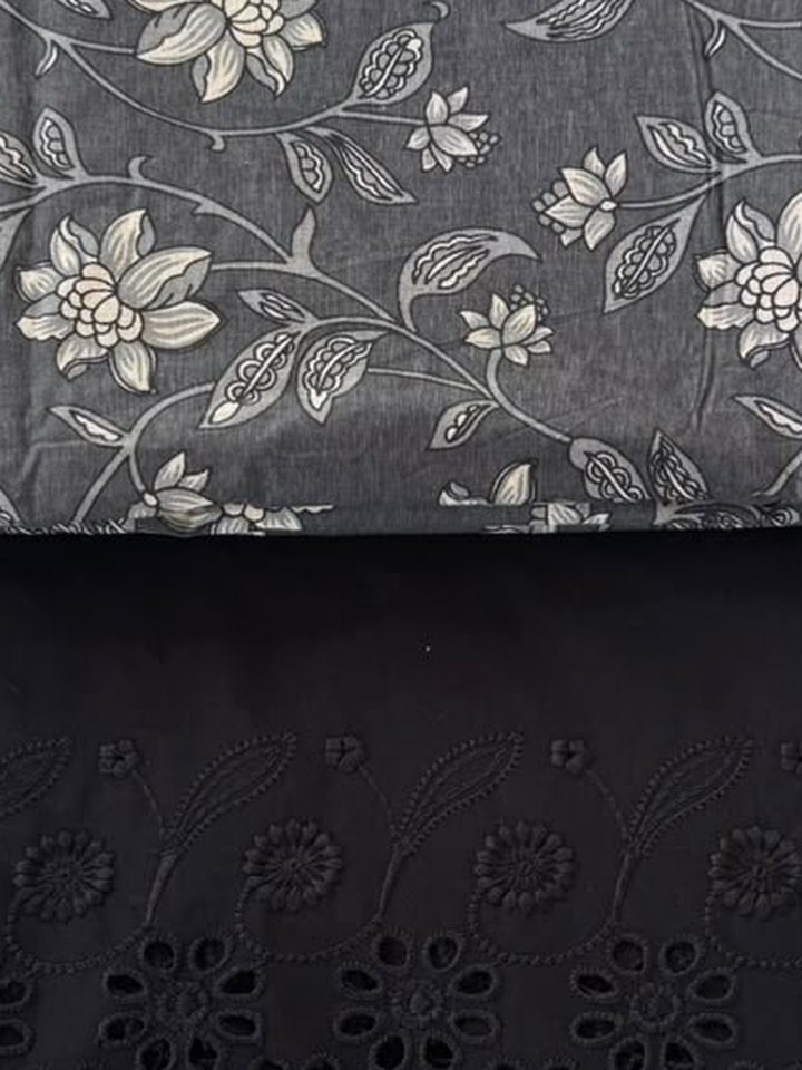 Surmai · Grey Floral & Black Schiffli Suit Set