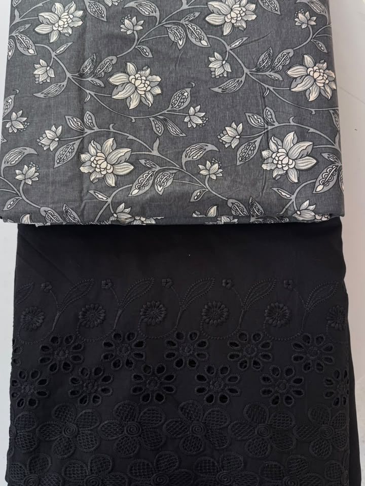 Surmai · Grey Floral & Black Schiffli Suit Set