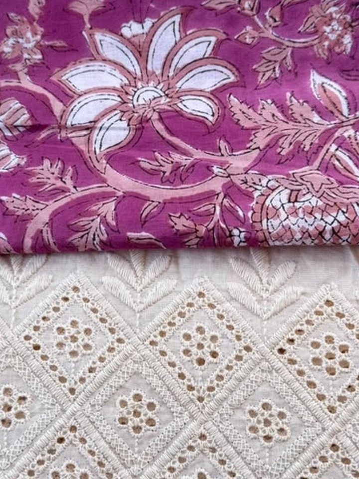 Noor · Plum Floral & White Schiffli Suit Set