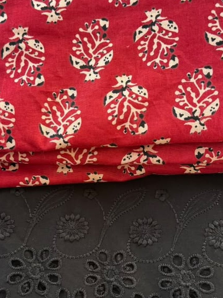 Rajkumari · Red Buta & Black Schiffli Suit Set